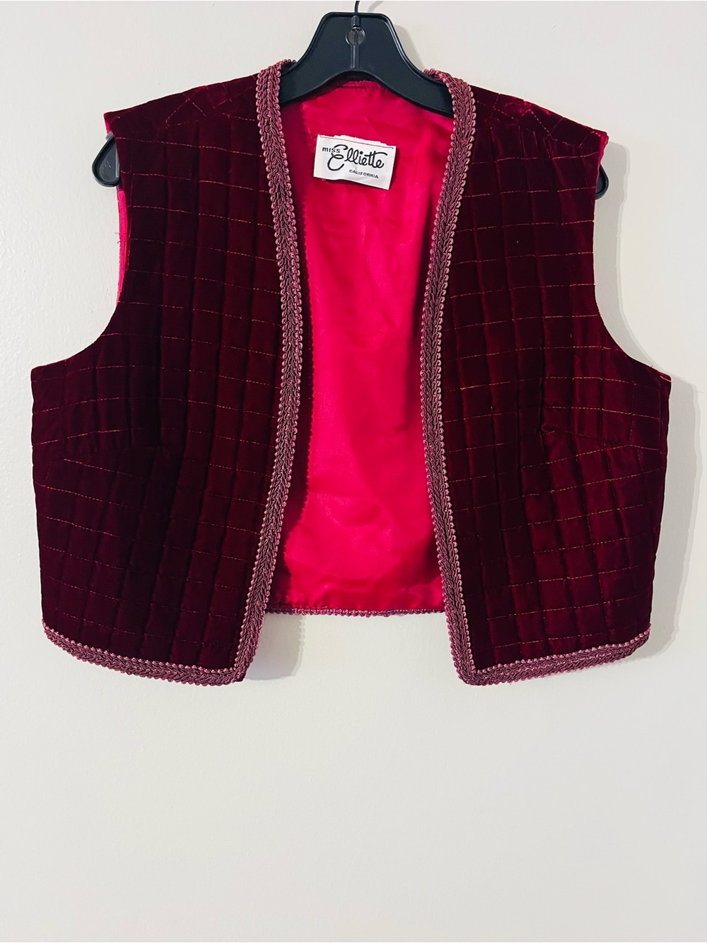 Vintage 70’s Miss Elliette Quilted Velvet Vest Burgundy Magenta Sz 14